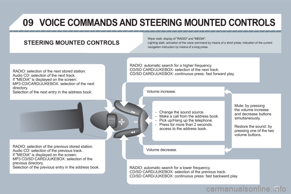 Peugeot 308 SW BL 2011 Owners Manual 261
09 VOICE COMMANDS AND STEERING MOUNTED CONTROLS
RADIO: selection of the previous stored station. Audio CD: selection of the previous track.
If "MEDIA" is displayed on the screen:
MP3 CD/SD Peugeot 308 SW BL 2011 Owners Manual 261
09 VOICE COMMANDS AND STEERING MOUNTED CONTROLS
RADIO: selection of the previous stored station. Audio CD: selection of the previous track.
If "MEDIA" is displayed on the screen:
MP3 CD/SD