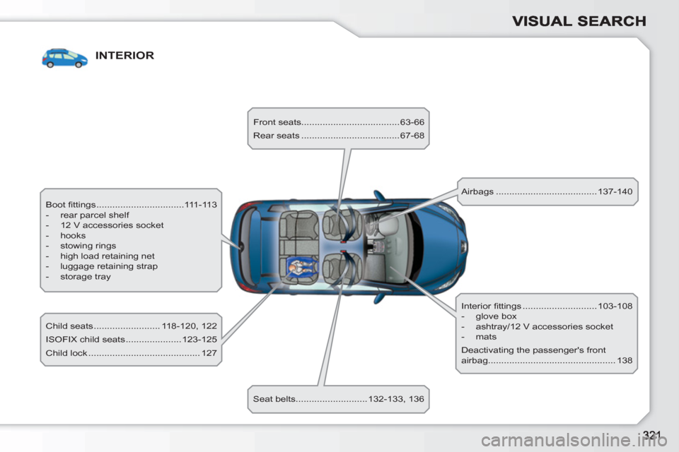 Peugeot 308 SW BL 2011 Owners Manual INTERIOR
Boot fi ttings .................................111-113
- rear parcel shelf
- 12 V accessories socket
- hooks
- stowing rings
- high load retaining net
Peugeot 308 SW BL 2011 Owners Manual INTERIOR
Boot fi ttings .................................111-113
- rear parcel shelf
- 12 V accessories socket
- hooks
- stowing rings
- high load retaining net