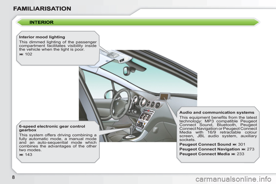 Peugeot 308 SW BL 2011  Owners Manual    
Interior mood lighting 
  This dimmed lighting of the passenger 
compartment facilitates visibility inside 
the vehicle when the light is poor. 
   
 
� 
 102  
 
   
6-speed electronic gear cont