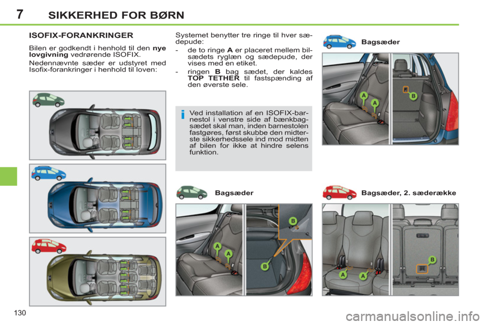 Peugeot 308 SW BL 2011 Instruktionsbog (in Danish) 7
i
130
SIKKERHED FOR BØRN
ISOFIX-FORANKRINGER
Bilen er godkendt i henhold til den nye
lovgivning
vedrørende ISOFIX.
Nedennævnte sæder er udstyret med
Isofi x-forankringer i henhold til Peugeot 308 SW BL 2011 Instruktionsbog (in Danish) 7
i
130
SIKKERHED FOR BØRN
ISOFIX-FORANKRINGER
Bilen er godkendt i henhold til den nye
lovgivning
vedrørende ISOFIX.
Nedennævnte sæder er udstyret med
Isofi x-forankringer i henhold til