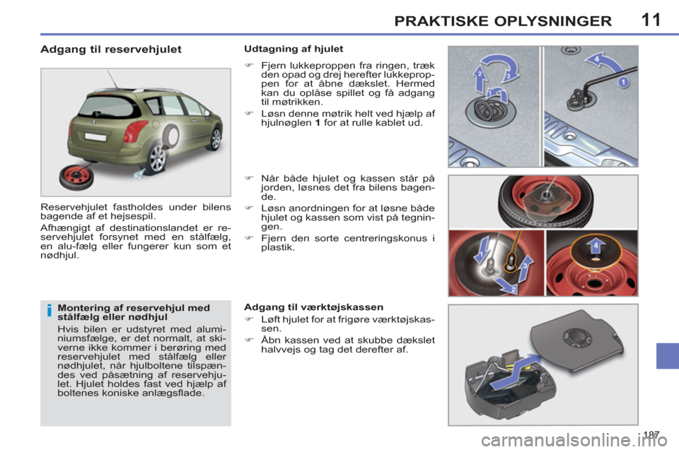 Peugeot 308 SW BL 2011  Instruktionsbog (in Danish) 11
i
187
PRAKTISKE OPLYSNINGER
   
Montering af reservehjul med 
stålfælg eller nødhjul 
  Hvis bilen er udstyret med alumi-
niumsfælge, er det normalt, at ski-
verne ikke kommer i berøring med 
