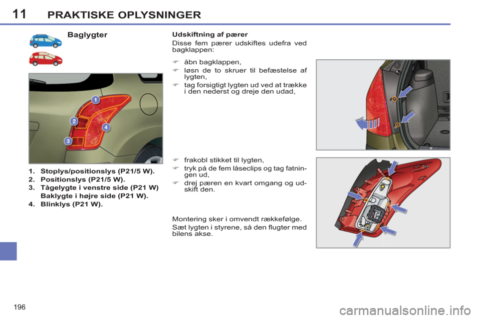 Peugeot 308 SW BL 2011  Instruktionsbog (in Danish) 11
196
PRAKTISKE OPLYSNINGER
   
Baglygter 
 
 
 
1. 
  Stoplys/positionslys (P21/5 W). 
 
   
2. 
  Positionslys (P21/5 W). 
 
   
3. 
  Tågelygte i venstre side (P21 W) 
   
  Baklygte i højre sid