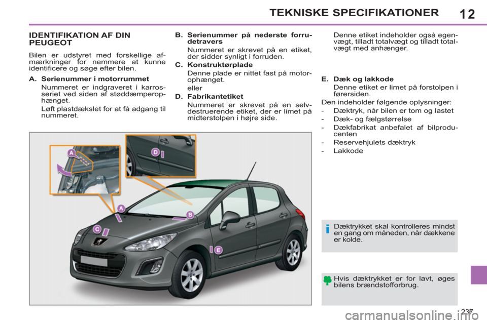 Peugeot 308 SW BL 2011  Instruktionsbog (in Danish) 12
i
237
TEKNISKE SPECIFIKATIONER
IDENTIFIKATION AF DIN PEUGEOT 
  Bilen er udstyret med forskellige af-
mærkninger for nemmere at kunne 
identiﬁ cere og søge efter bilen.  
  Hvis dæktrykket er 