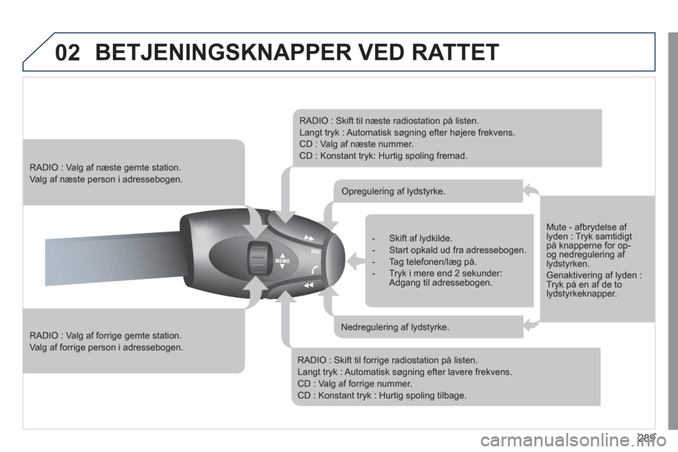 Peugeot 308 SW BL 2011 Instruktionsbog (in Danish) 289
02 BETJENINGSKNAPPER VED RATTET
RADIO : Valg af forrige gemte station.
Va lg af forrige person i adressebogen.
RADIO : Valg af næste gemte station.
Va lg af næste person i adress Peugeot 308 SW BL 2011 Instruktionsbog (in Danish) 289
02 BETJENINGSKNAPPER VED RATTET
RADIO : Valg af forrige gemte station.
Va lg af forrige person i adressebogen.
RADIO : Valg af næste gemte station.
Va lg af næste person i adress