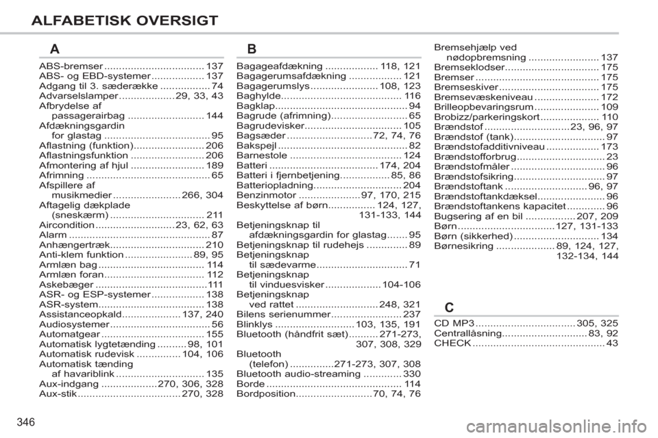 Peugeot 308 SW BL 2011  Instruktionsbog (in Danish) 346
ALFABETISK OVERSIGT
ABS-bremser..................................r137ABS- og EBD-systemer..................r137Adgang til 3. sæderække.................74Advarselslamper...................r29,33,