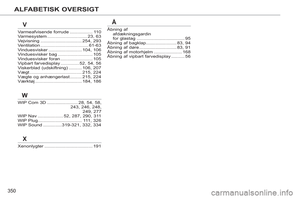 Peugeot 308 SW BL 2011 Instruktionsbog (in Danish) 350
ALFABETISK OVERSIGT
WIP Com 3D.......................28,54, 58, 243, 246, 248, 249,277WIP Nav...................52,287,290,311WIP Plug.................................111,326WIP Sound............. Peugeot 308 SW BL 2011 Instruktionsbog (in Danish) 350
ALFABETISK OVERSIGT
WIP Com 3D.......................28,54, 58, 243, 246, 248, 249,277WIP Nav...................52,287,290,311WIP Plug.................................111,326WIP Sound.............