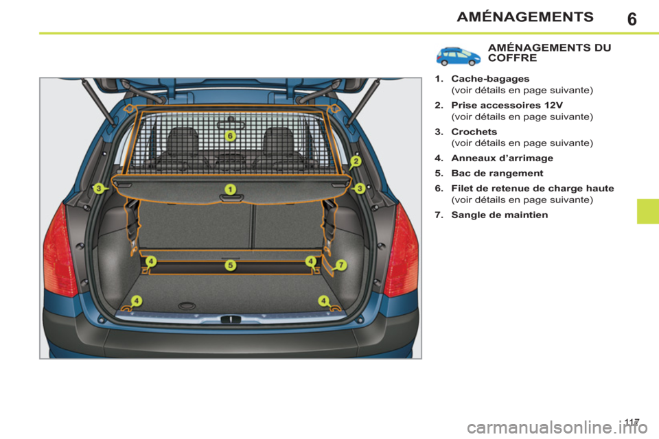 Peugeot 308 SW BL 2011  Manuel du propriétaire (in French) 6
11 7
AMÉNAGEMENTS
AMÉNAGEMENTS DU
COFFRE
   
 
1. 
  Cache-bagages 
   
  (voir détails en page suivante) 
   
2. 
  Prise accessoires 12V 
   
  (voir détails en page suivante) 
   
3. 
  Croch