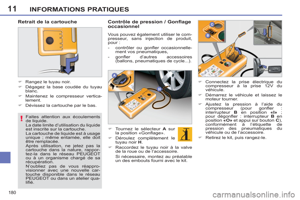 Peugeot 308 SW BL 2011  Manuel du propriétaire (in French) 11
!
180
INFORMATIONS PRATIQUES
   
Faites attention aux écoulements 
de liquide. 
  La date limite d’utilisation du liquide 
est inscrite sur la cartouche.  
La cartouche de liquide est à usage 

