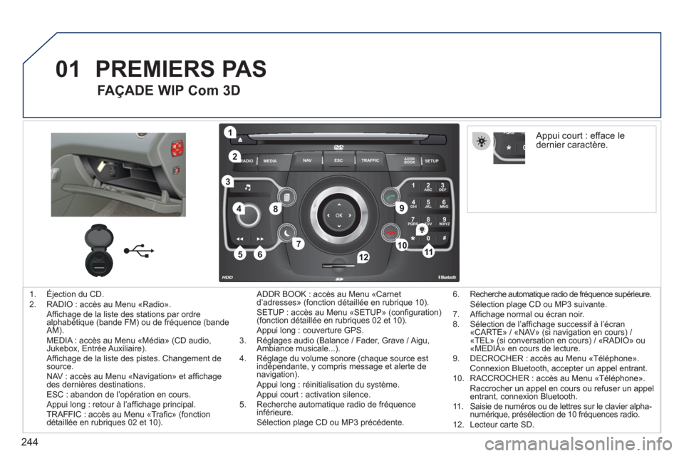 Peugeot 308 SW BL 2011 Manuel du propriétaire (in French) 244
01
2ABC3DEF
5JKL4GHI6MNO
8TUV7PQRS9WXYZ
0*#
1
RADIO MEDIANAV ESC TRAFFIC
SETUPADDR
BOOK
1
10
2
3
4
612
9
7
8
115
TU PQRS
0*
1. Éjection du CD.
2. RADIO : accès au Menu «Radio».
Affi chage Peugeot 308 SW BL 2011 Manuel du propriétaire (in French) 244
01
2ABC3DEF
5JKL4GHI6MNO
8TUV7PQRS9WXYZ
0*#
1
RADIO MEDIANAV ESC TRAFFIC
SETUPADDR
BOOK
1
10
2
3
4
612
9
7
8
115
TU PQRS
0*
1. Éjection du CD.
2. RADIO : accès au Menu «Radio».
Affi chage