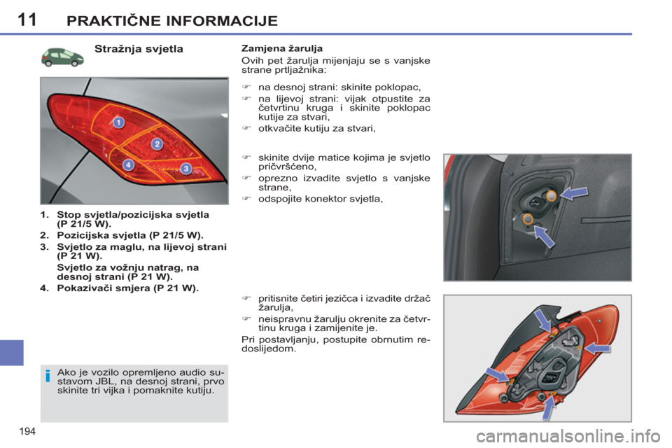 Peugeot 308 SW BL 2011  Vodič za korisnike (in Croatian) 11
i
194
PRAKTIČNE INFORMACIJE
 
 
 
 
 
 
 
 
 
 
 
 
 
 
 
 
 
 
 
 
 
 
 
 
 
 
 
 
 
 
 
 
 
 
Stražnja svjetla 
 
 
 
1. 
  Stop svjetla/pozicijska svjetla 
(P 21/5 W). 
 
   
2. 
  Pozicijska 
