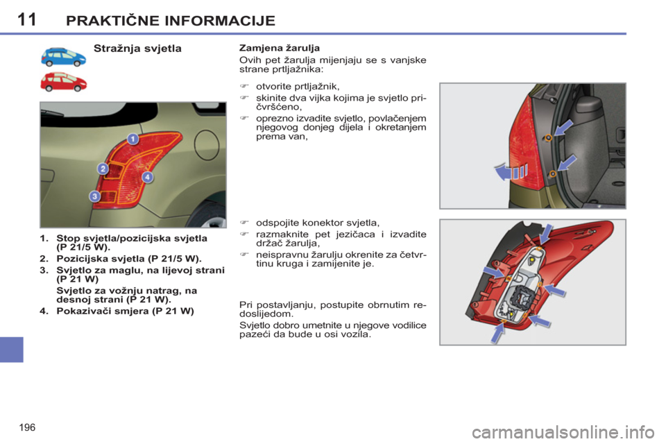 Peugeot 308 SW BL 2011  Vodič za korisnike (in Croatian) 11
196
PRAKTIČNE INFORMACIJE
 
 
 
 
 
 
 
 
 
 
 
 
 
 
 
 
 
 
 
 
 
 
 
 
 
 
 
 
 
 
 
Stražnja svjetla 
 
 
 
1. 
  Stop svjetla/pozicijska svjetla
(P 21/5 W). 
 
   
2. 
  Pozicijska svjetla (