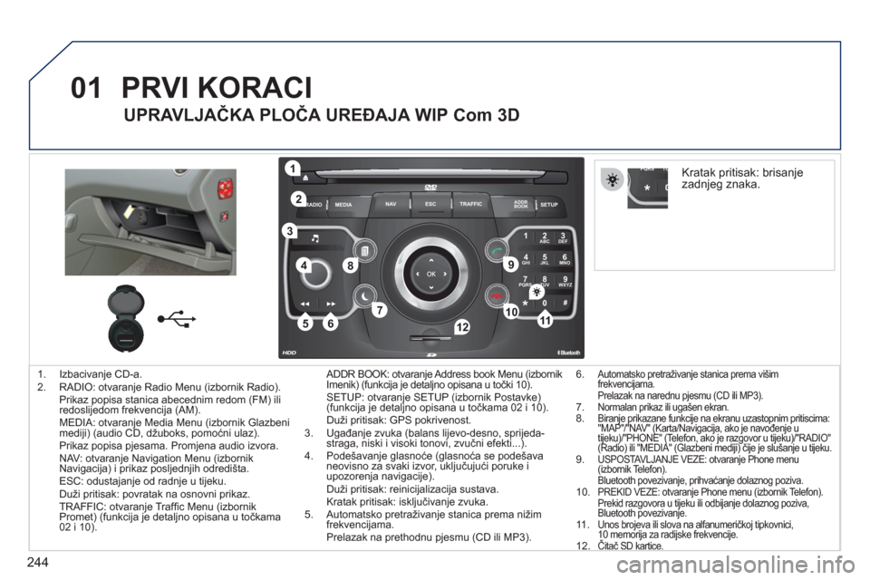 Peugeot 308 SW BL 2011  Vodič za korisnike (in Croatian) 244
01
2ABC3DEF
5JKL4GHI6MNO
8TUV7PQRS9WXYZ
0*#
1
RADIO MEDIANAV ESC TRAFFIC
SETUPADDR
BOOK
1
10
2
3
4
612
9
7
8
115
TU PQRS
0*
1.  Izbacivanje CD-a. 
2.  RADIO: otvaranje Radio Menu (izbornik Radio).