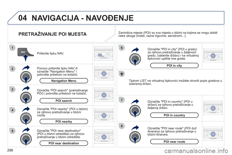 Peugeot 308 SW BL 2011 Vodič za korisnike (in Croatian) 298
04
8
6
7
4
3
5
2
1
NAVIGACIJA - NAVOĐENJE
PRETRAŽIVANJE POI MJESTA
Pritisnite tipku NAV.
Ponovo pritisnite tipku NAV ili označite "Navigation Menu" ipotvrdite pritiskom na kotači Peugeot 308 SW BL 2011 Vodič za korisnike (in Croatian) 298
04
8
6
7
4
3
5
2
1
NAVIGACIJA - NAVOĐENJE
PRETRAŽIVANJE POI MJESTA
Pritisnite tipku NAV.
Ponovo pritisnite tipku NAV ili označite "Navigation Menu" ipotvrdite pritiskom na kotači