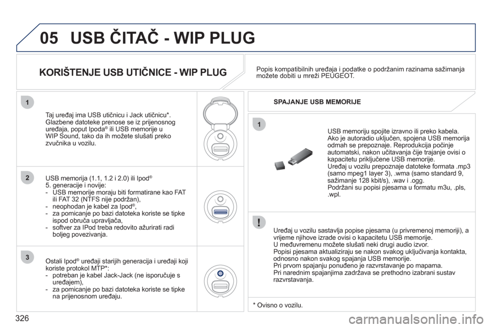 Peugeot 308 SW BL 2011  Vodič za korisnike (in Croatian) 326
05
1
1
2
3
USB ČITAČ - WIP PLUG 
 
 
Uređaj u vozilu sastavlja popise pjesama (u privremenoj memoriji), a 
vrijeme njihove izrade ovisi o kapacitetu USB memorije. 
  U međuvremenu možete slu