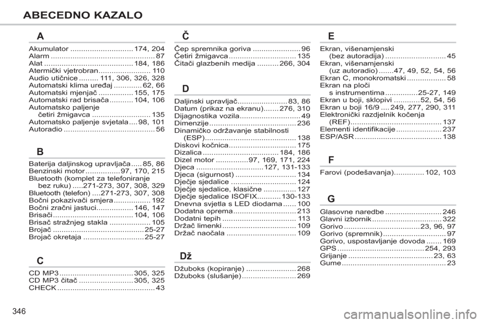 Peugeot 308 SW BL 2011  Vodič za korisnike (in Croatian) 346
ABECEDNO KAZALO
Akumulator.............................r174,204Alarm................................................87Alat.........................................184,186Atermički vjetrobran.....