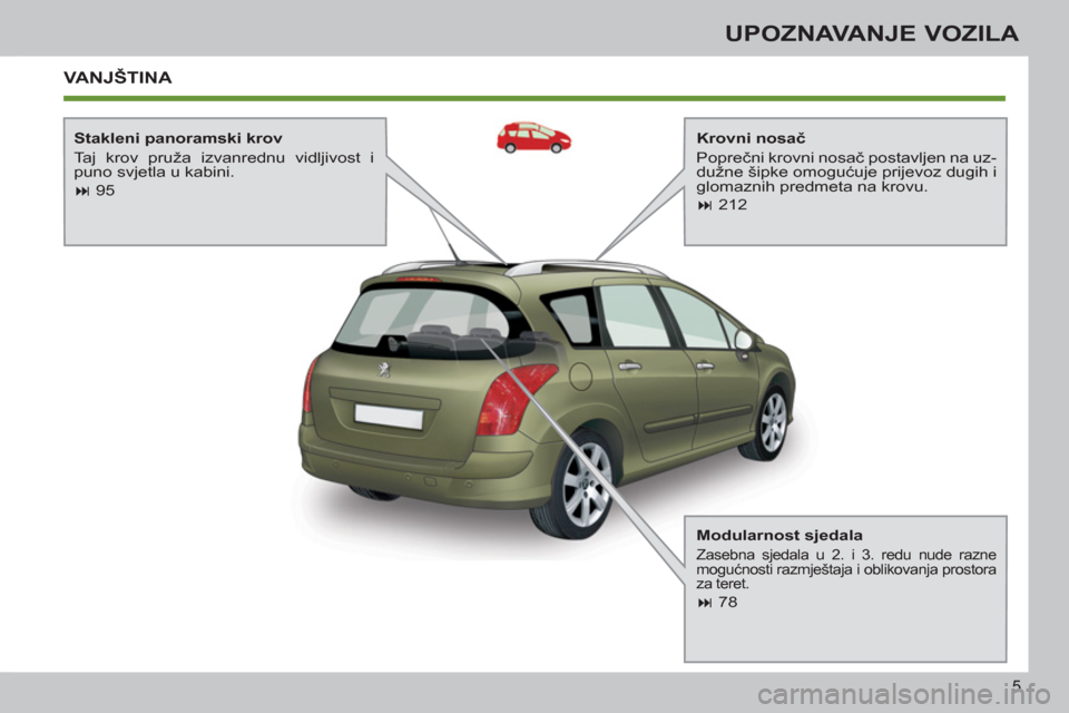 Peugeot 308 SW BL 2011  Vodič za korisnike (in Croatian) 5
UPOZNAVANJE VOZILA
 VANJŠTINA   
 
 
Krovni nosač 
  Poprečni krovni nosač postavljen na uz-
dužne šipke omogućuje prijevoz dugih i 
glomaznih predmeta na krovu. 
   
 
� 
 212  
     
Stakl