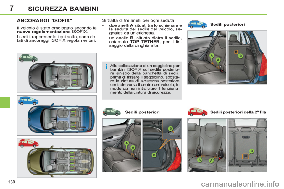 Peugeot 308 SW BL 2011  Manuale del proprietario (in Italian) 7
i
130
SICUREZZA BAMBINI
   
 
 
 
 
 
 
 
 
 
 
ANCORAGGI "ISOFIX" 
 
Il veicolo è stato omologato secondo la 
  nuova regolamentazione 
 ISOFIX. 
  I sedili, rappresentati qui sotto, sono do-
tati