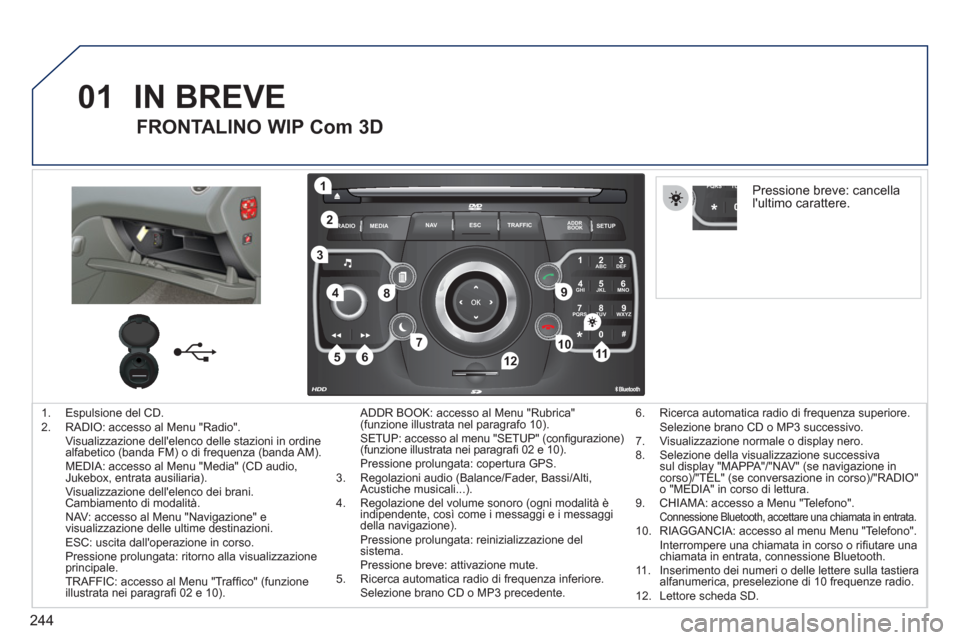 Peugeot 308 SW BL 2011  Manuale del proprietario (in Italian) 244
01
2ABC3DEF
5JKL4GHI6MNO
8TUV7PQRS9WXYZ
0*#
1
RADIO MEDIANAV ESC TRAFFIC
SETUPADDR
BOOK
1
10
2
3
4
612
9
7
8
115
TU PQRS
0*
   
 
1.   Espulsione del CD. 
   
2.   RADIO: accesso al Menu "Radio". 