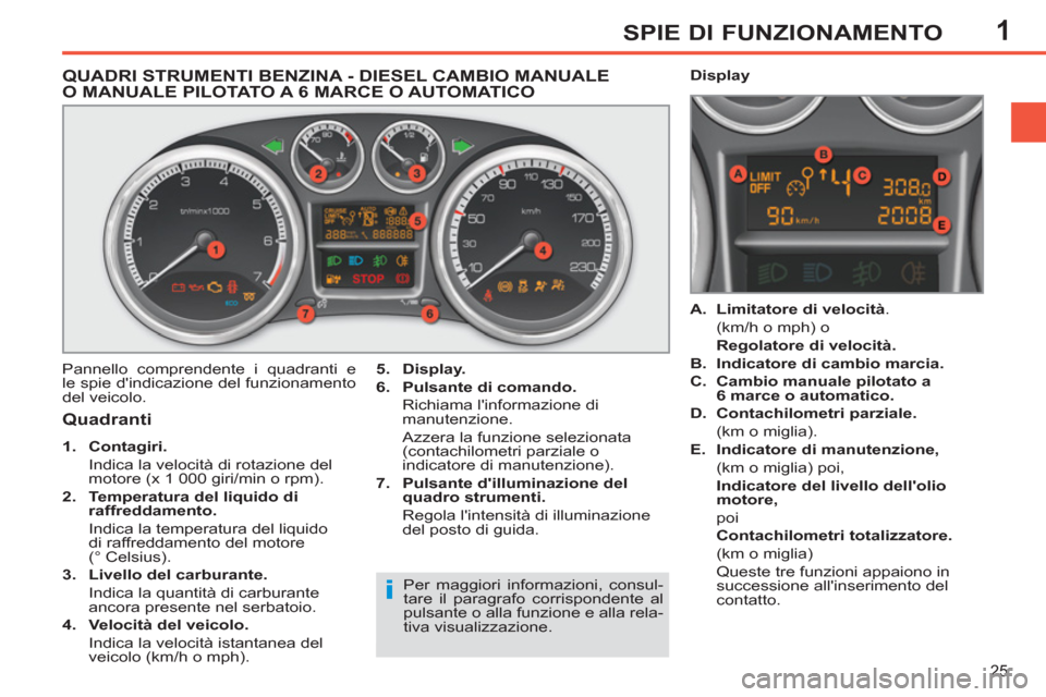 Peugeot 308 SW BL 2011  Manuale del proprietario (in Italian) 1
i
25
SPIE DI FUNZIONAMENTO
   
 
 
 
 
 
 
 
 
 
 
 
 
 
 
 
QUADRI STRUMENTI BENZINA - DIESEL CAMBIO MANUALE 
O MANUALE PILOTATO A 6 MARCE O AUTOMATICO 
  Pannello comprendente i quadranti e 
le sp