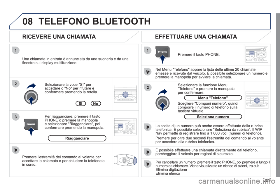 Peugeot 308 SW BL 2011  Manuale del proprietario (in Italian) 309
08
1
3 2
2 1   
Selezionare la voce "Sì" per 
accettare o "No" per rifutare e 
confermare premendo la rotella. 
   
RICEVERE UNA CHIAMATA    
EFFETTUARE UNA CHIAMATA 
 
 
Una chiamata in entrata 