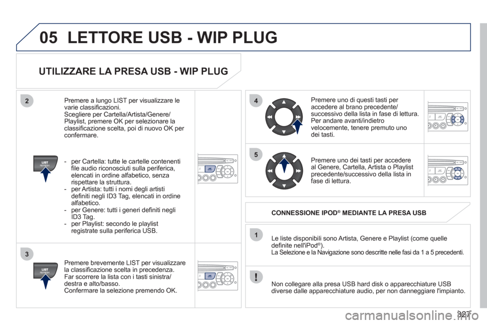 Peugeot 308 SW BL 2011  Manuale del proprietario (in Italian) 327
05
42
3
1
5
  LETTORE USB - WIP PLUG 
 
 
UTILIZZARE LA PRESA USB - WIP PLUG 
 
 
Premere brevemente LIST per visualizzare 
la classiﬁ cazione scelta in precedenza. 
  Far scorrere la lista con 