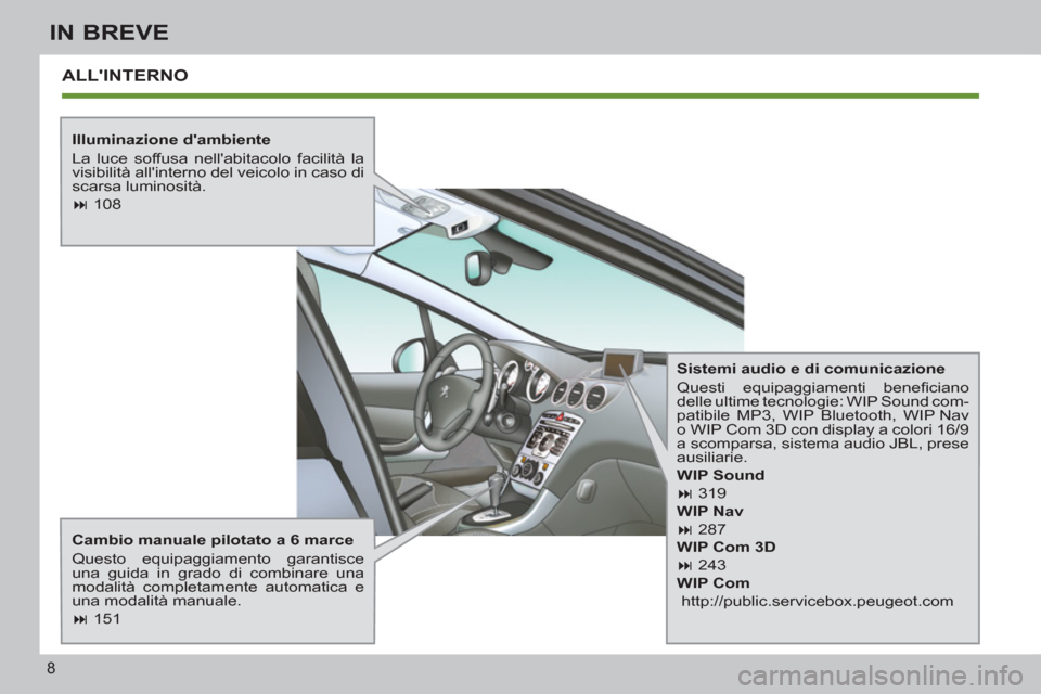 Peugeot 308 SW BL 2011  Manuale del proprietario (in Italian) 8
IN BREVE
  ALLINTERNO  
 
 
Illuminazione dambiente 
  La luce soffusa nellabitacolo facilità la 
visibilità allinterno del veicolo in caso di 
scarsa luminosità. 
   
 
� 
 108  
 
   
Camb