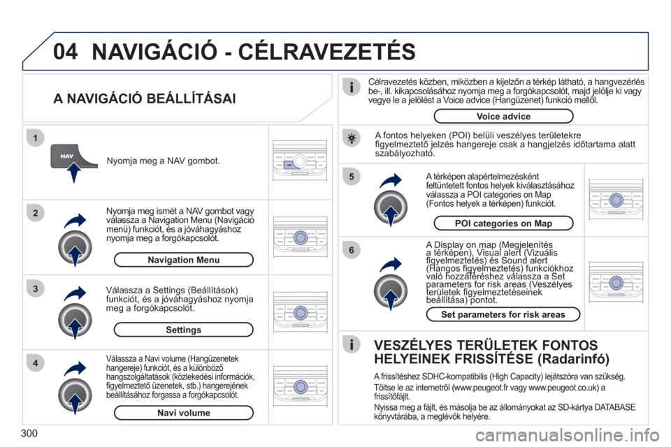 Peugeot 308 SW BL 2011  Kezelési útmutató (in Hungarian) 300
04
5
6
3 2 1
4
   
A NAVIGÁCIÓ BEÁLLÍTÁSAI 
 
 
A Display on map (Megjelenítés a térképen), Visual alert (Vizuálispy p( gjpy p( gj
ﬁ gyelmeztetés) és Sound alert p) (p), (
(Hangos �