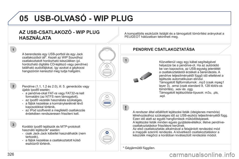 Peugeot 308 SW BL 2011 Kezelési útmutató (in Hungarian) 326
05
1
1
2
3
USB-OLVASÓ - WIP PLUG
A rendszer által előállított lejátszási listák (ideiglenes memória)
létrehozásához szükséges idő az USB-eszköz teljesítményétől függ.
Peugeot 308 SW BL 2011 Kezelési útmutató (in Hungarian) 326
05
1
1
2
3
USB-OLVASÓ - WIP PLUG
A rendszer által előállított lejátszási listák (ideiglenes memória)
létrehozásához szükséges idő az USB-eszköz teljesítményétől függ.