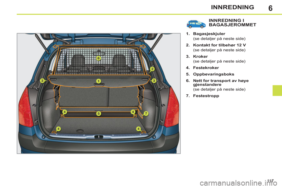Peugeot 308 SW BL 2011  Brukerhåndbok (in Norwegian) 6
11 7
INNREDNING
INNREDNING I BAGASJEROMMET 
   
 
1. 
  Bagasjeskjuler 
   
  (se detaljer på neste side) 
   
2. 
  Kontakt for tilbehør 12 V 
   
  (se detaljer på neste side) 
   
3. 
  Kroker