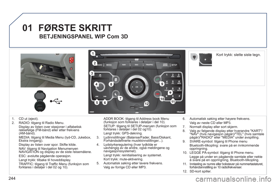 Peugeot 308 SW BL 2011  Brukerhåndbok (in Norwegian) 244
01
2ABC3DEF
5JKL4GHI6MNO
8TUV7PQRS9WXYZ
0*#
1
RADIO MEDIANAV ESC TRAFFIC
SETUPADDR
BOOK
1
10
2
3
4
612
9
7
8
115
TU PQRS
0*
1.  CD ut (eject).
2.  RADIO: tilgang til Radio Menu. 
Display av listen