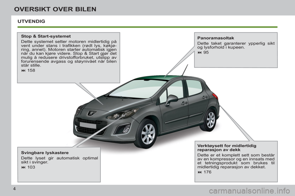 Peugeot 308 SW BL 2011  Brukerhåndbok (in Norwegian) 4
OVERSIKT OVER BILEN
  UTVENDIG
 
 
Stop & Start-systemet 
  Dette systemet setter motoren midlertidig på 
vent under stans i traﬁ kken (rødt lys, køkjø-
ring, annet). Motoren starter automatis