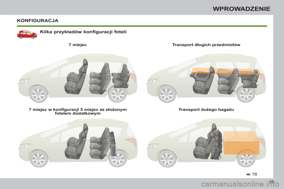 Peugeot 308 SW BL 2011  Instrukcja Obsługi (in Polish) 19
WPROWADZENIE
  KONFIGURACJA 
   
Kilka przykładów konfiguracji foteli 
 
 
7 miejsc  
   
7 miejsc w konﬁ guracji 5 miejsc ze złożonym 
fotelem dodatkowym     
Transport długich przedmiotów