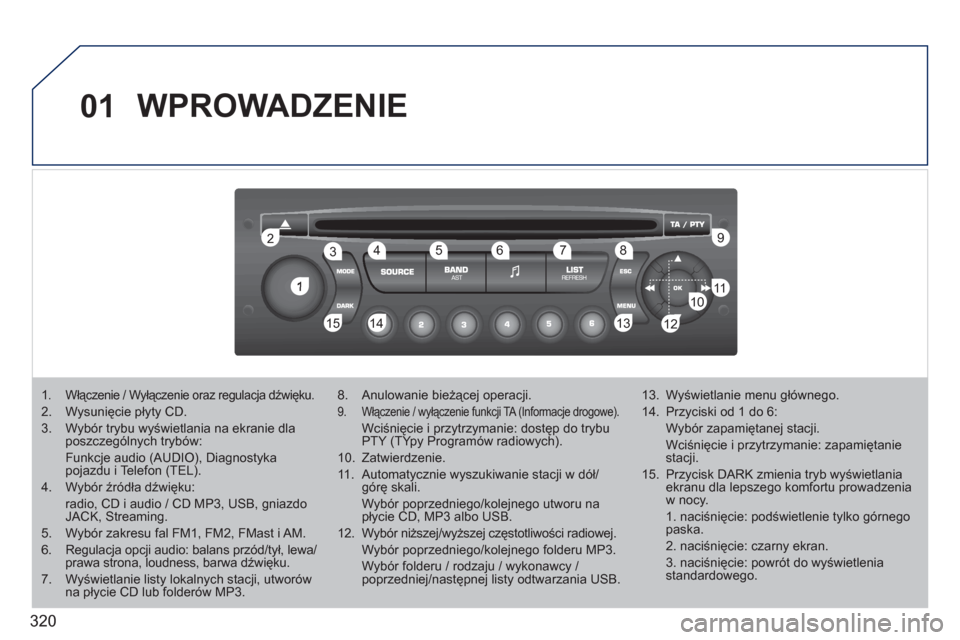 Peugeot 308 SW BL 2011  Instrukcja Obsługi (in Polish) 320
01
1
22
10101111
133144155
33445566778899
122
WPROWADZENIE
1.  Włączenie / Wyłączenie oraz regulacja dźwięku.
2.  Wysunięcie płyty CD. 
3.  Wybór trybu wyświetlania na ekranie dlaposzcze