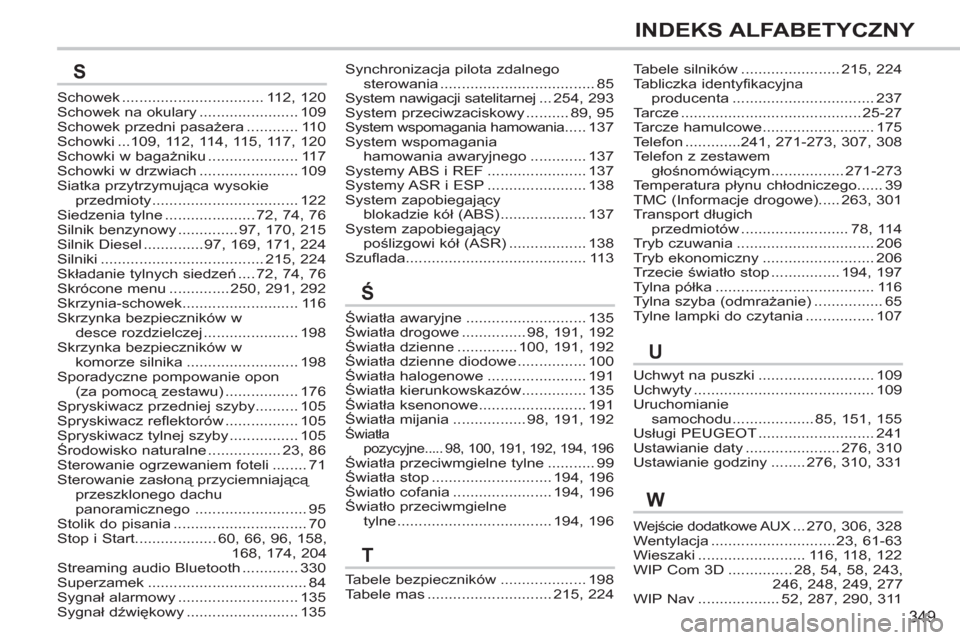 Peugeot 308 SW BL 2011  Instrukcja Obsługi (in Polish) 349
INDEKS ALFABETYCZNY
Schowek .................................112,120Schowek na okulary.......................109Schowek przedni pasażera............110Schowki...109, 112,114,115,117,120Schowki w 