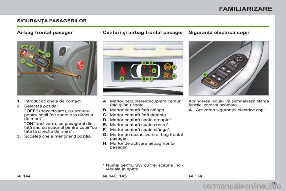 Peugeot 308 SW BL 2011  Manualul de utilizare (in Romanian) 17
FAMILIARIZARE
  SIGURANŢA PASAGERILOR 
   
Airbag frontal pasager    
Siguranţă electrică copii 
 
 
 
1. 
 Introduceţi cheia de contact. 
   
2. 
 Selectaţi poziţia:  
  "OFF" 
 (dezactivar
