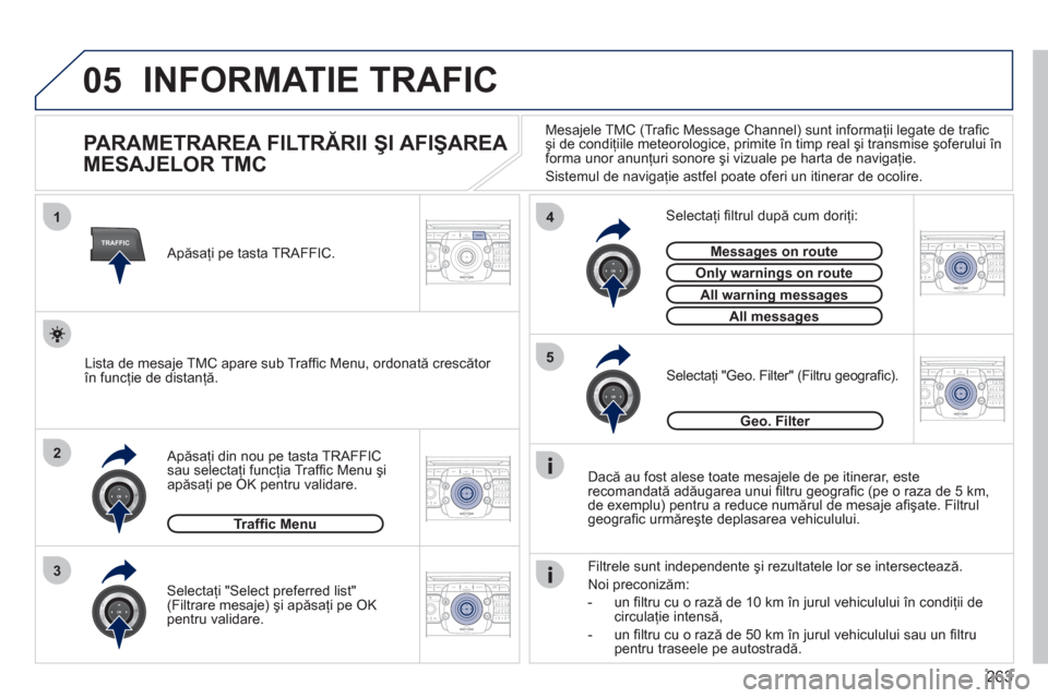 Peugeot 308 SW BL 2011  Manualul de utilizare (in Romanian) 263
05
2ABC3DEF5JKL4GHI6MNO8TUV7PQRS9WXYZ0*#
1RADIO MEDIANAV ESCTRAFFIC
SETUPADDR
BOOK
2ABC3DEF5JKL4GHI6MNO8TUV7PQRS9WXYZ0*#
1RADIO MEDIANAV ESC TRAFFIC
SETUPADDR
BOOK
TRAFFIC
1
3
4
5
2ABC3DEF5JKL4GHI