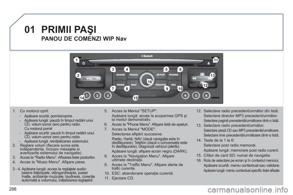 Peugeot 308 SW BL 2011  Manualul de utilizare (in Romanian) 288
01
11
55
101
22
334466
131
111
99
144155
77881212161
1.   Cu motorul oprit:  
- Apăsare scurtă: pornire/oprire.  - Apăsare lungă: pauză în timpul redării unui CD, volum sonor zero pentru ra