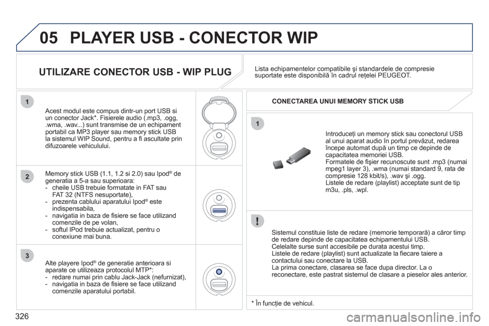 Peugeot 308 SW BL 2011  Manualul de utilizare (in Romanian) 326
05
1
1
2
3
PLAYER USB - CONECTOR WIP 
   Sistemul constituie liste de redare (memorie temporară) a căror timp
de redare depinde de capacitatea echipamentului USB. 
 
Celelalte surse sunt accesib