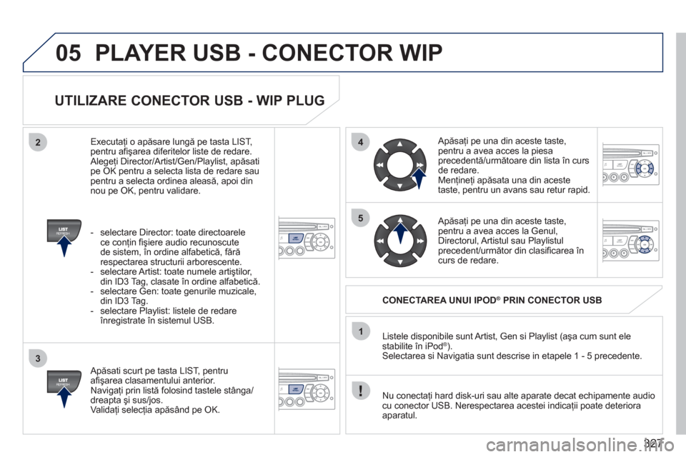 Peugeot 308 SW BL 2011  Manualul de utilizare (in Romanian) 327
05
42
3
1
5
PLAYER USB - CONECTOR WIP 
   
UTILIZARE CONECTOR USB - WIP PLUG 
 
 Apăsati scurt pe tasta LIST, pentru 
aﬁ şarea clasamentului anterior.
  Navigaţi prin listă folosind tastele 