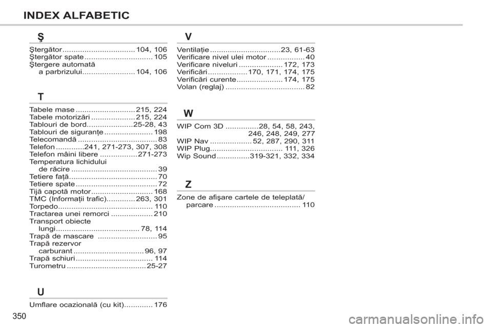 Peugeot 308 SW BL 2011  Manualul de utilizare (in Romanian) 350
INDEX ALFABETIC
Tabele mase...........................215,224Tabele motorizări....................215,224Tablouri de bord.....................25-28,43Tablouri de siguranţe......................1