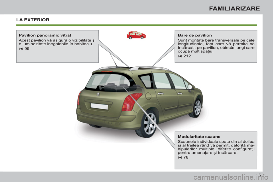 Peugeot 308 SW BL 2011  Manualul de utilizare (in Romanian) 5
FAMILIARIZARE
  LA EXTERIOR  
 
 
Bare de pavilion 
  Sunt montate bare transversale pe cele 
longitudinale, fapt care vă permite să 
încărcaţi, pe pavilion, obiecte lungi care 
ocupă mult spa