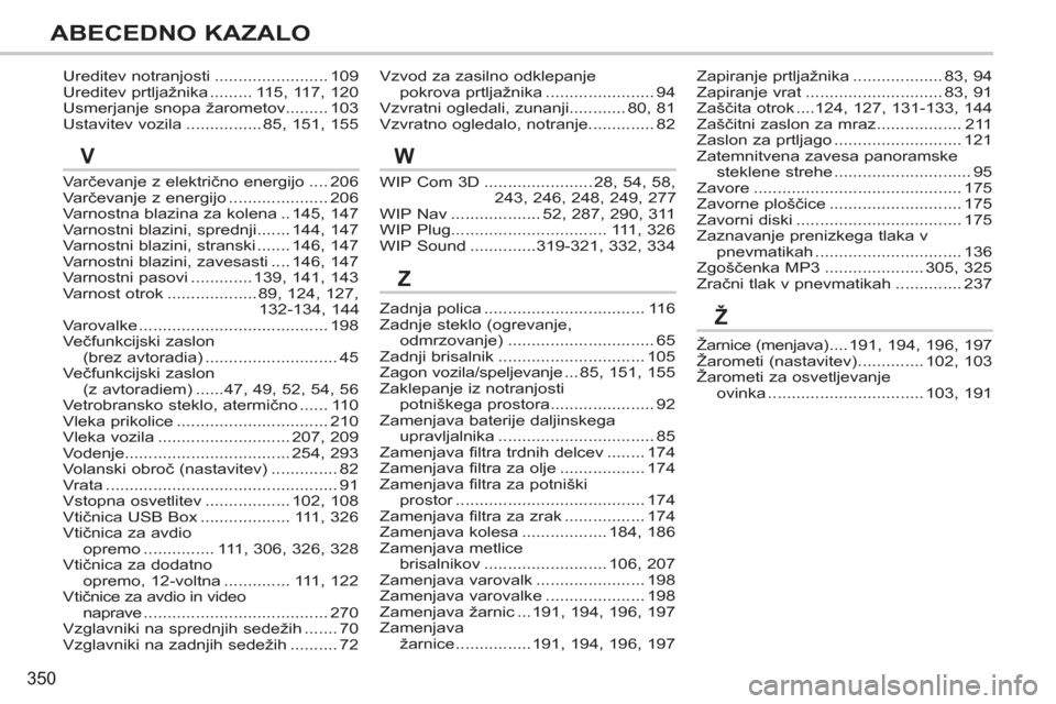 Peugeot 308 SW BL 2011  Priročnik za lastnika (in Slovenian) 350
ABECEDNO KAZALO
Ureditev notranjosti ........................109Ureditev prtljažnika .........115,117,120Usmerjanje snopa žarometov.........103Ustavitev vozila................85,151,155
Varčeva