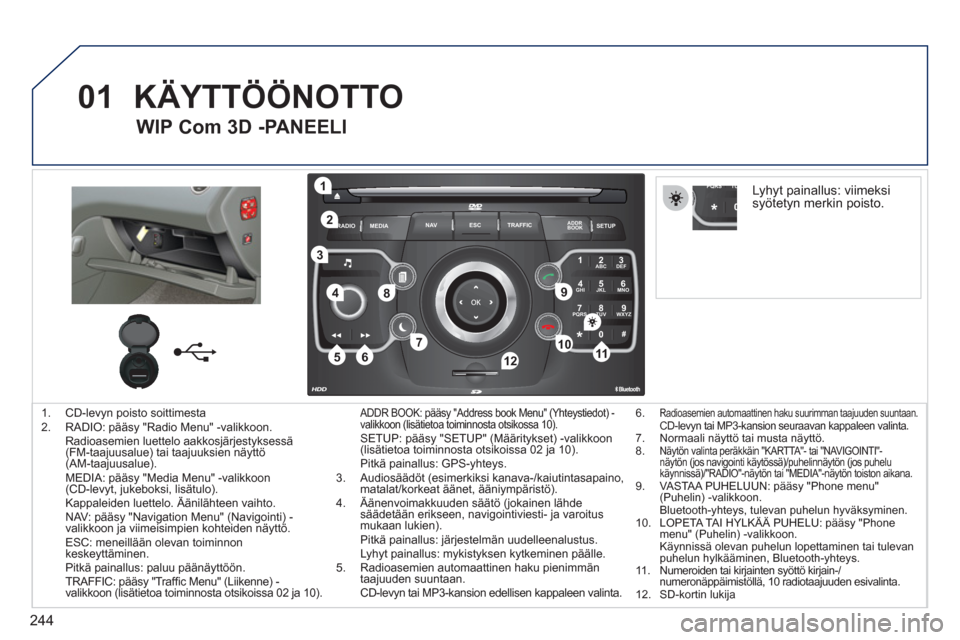 Peugeot 308 SW BL 2011  Omistajan käsikirja (in Finnish) 244
01
2ABC3DEF
5JKL4GHI6MNO
8TUV7PQRS9WXYZ
0*#
1
RADIO MEDIANAV ESC TRAFFIC
SETUPADDR
BOOK
1
10
2
3
4
612
9
7
8
115
TU PQRS
0*
1.  CD-levyn poisto soittimesta
2.  RADIO: pääsy "Radio Menu" -valikko