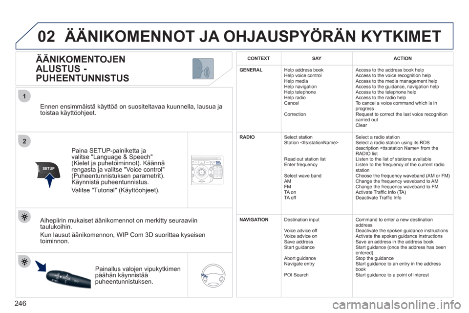 Peugeot 308 SW BL 2011  Omistajan käsikirja (in Finnish) 246
2ABC3DEF5JKL4GHI6MNO8TUV7PQRS9WXYZ0*#
1NAV ESC TRAFFICADDR
BOOKSETUP
02
2
1
SETUP
   Ennen ensimmäistä käyttöä on suositeltavaa kuunnella, lausua ja
toistaa käyttöohjeet.  
Paina SETUP-pain