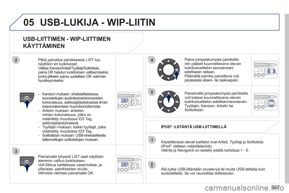 Peugeot 308 SW BL 2011  Omistajan käsikirja (in Finnish) 327
05
42
3
1
5
USB-LUKIJA - WIP-LIITIN
USB-LIITTIMEN - WIP-LIITTIMEN 
KÄYTTÄMINEN 
   
Painamalla lyhyesti LIST saat näyttöön aiemmin valitun luokituksen.
  Voit liikkua luettelossa vasen/oikea-