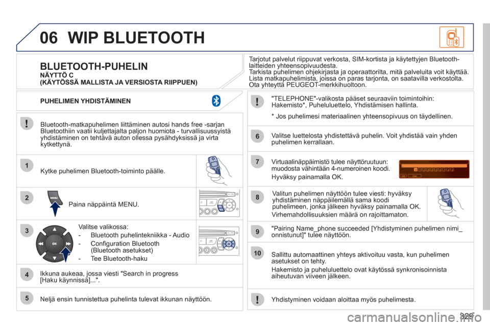 Peugeot 308 SW BL 2011  Omistajan käsikirja (in Finnish) 329
06
1
2
3
4
5
6
7
8
9
10
WIP BLUETOOTH 
   
Bluetooth-matkapuhelimen liittäminen autosi hands free -sarjan 
Bluetoothiin vaatii kuljettajalta paljon huomiota - turvallisuussyistäyhdistäminen on 