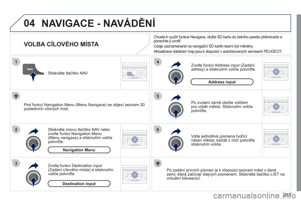 Peugeot 308 SW BL 2011  Návod k obsluze (in Czech) 293
04
1
2
3
5
6
4
  NAVIGACE - NAVÁDĚNÍ 
 
 
 
 
 
 
 
 
 
 
 
 
 
 
 
 
VOLBA CÍLOVÉHO MÍSTA 
Stiskněte znovu tlač