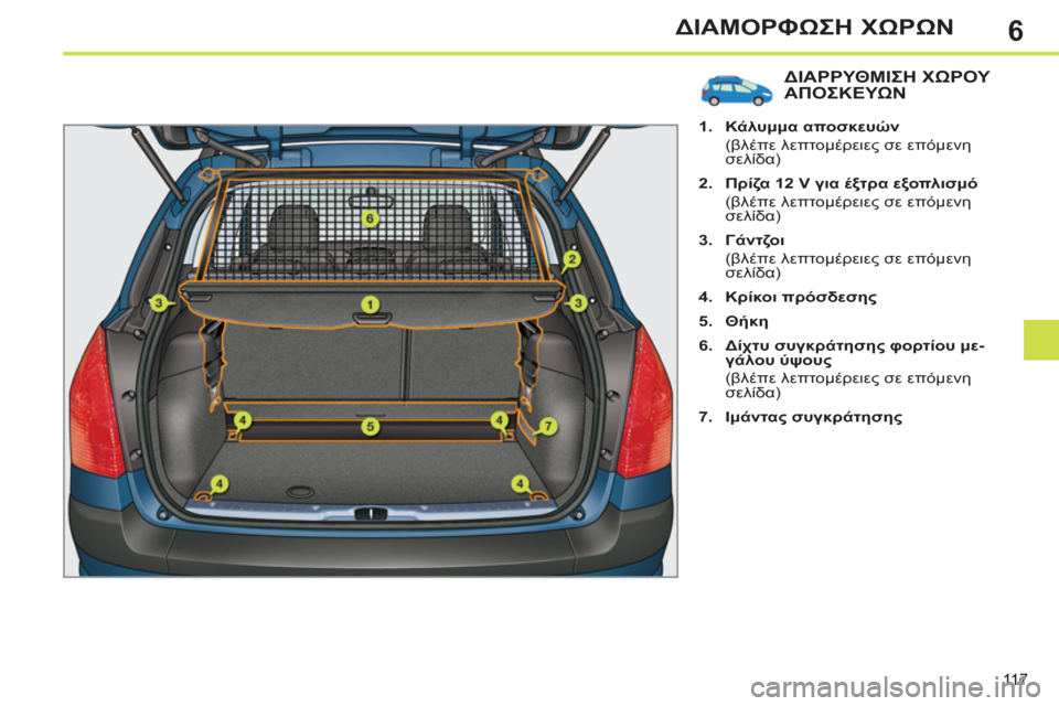 Peugeot 308 SW BL 2011  Εγχειρίδιο χρήσης (in Greek) 6
11 7
ΔΙΑΜΟΡΦΩΣΗ ΧΩΡΩΝ
ΔΙΑΡΡΥΘΜΙΣΗ ΧΩΡΟΥ 
ΑΠΟΣΚΕΥΩΝ
   
 
1. 
  Κάλυμμα αποσκευών 
 
 
 (βλέπε λεπτομέρειες σε επόμεν