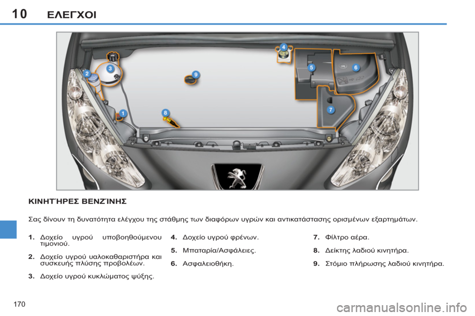 Peugeot 308 SW BL 2011 Εγχειρίδιο χρήσης (in Greek) 10
170
ΕΛΕΓΧΟΙ
ΚΙΝΗΤΉΡΕΣ ΒΕΝΖΊΝΗΣ
Σας δίνουν τη δυνατότητα ελέγχου της στάθμης των διαφόρων υγρών και αντικατ Peugeot 308 SW BL 2011 Εγχειρίδιο χρήσης (in Greek) 10
170
ΕΛΕΓΧΟΙ
ΚΙΝΗΤΉΡΕΣ ΒΕΝΖΊΝΗΣ
Σας δίνουν τη δυνατότητα ελέγχου της στάθμης των διαφόρων υγρών και αντικατ