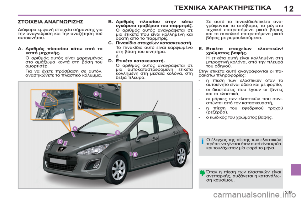 Peugeot 308 SW BL 2011 Εγχειρίδιο χρήσης (in Greek) 12
i
237
ΤΕΧΝΙΚΑ ΧΑΡΑΚΤΗΡΙΣΤΙΚΑ
ΣΤΟΙΧΕΙΑ ΑΝΑΓΝΩΡΙΣΗΣ
Διάφορα εμφανή στοιχεία σήμανσης για
την αναγνώριση και Peugeot 308 SW BL 2011 Εγχειρίδιο χρήσης (in Greek) 12
i
237
ΤΕΧΝΙΚΑ ΧΑΡΑΚΤΗΡΙΣΤΙΚΑ
ΣΤΟΙΧΕΙΑ ΑΝΑΓΝΩΡΙΣΗΣ
Διάφορα εμφανή στοιχεία σήμανσης για
την αναγνώριση και